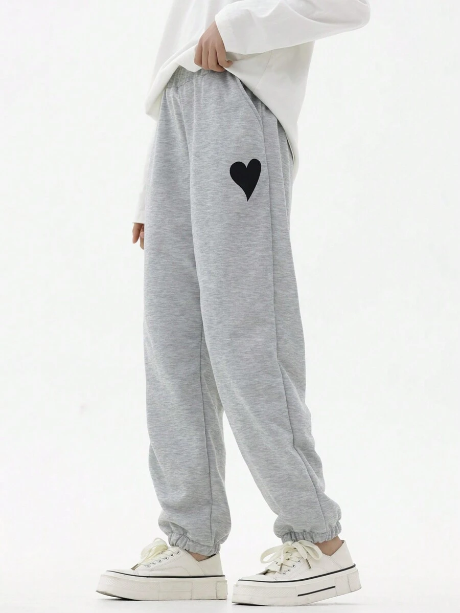 SHEIN Tween 少女心印花運動褲 - 灰色 - 查看 1