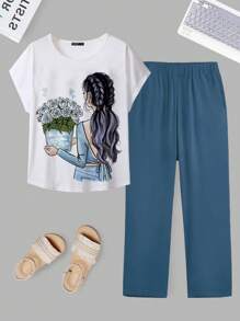 Mulvari Plus Summer Figure Graphic Batwing Sleeve Tee & Pants - Blue and White - View 1