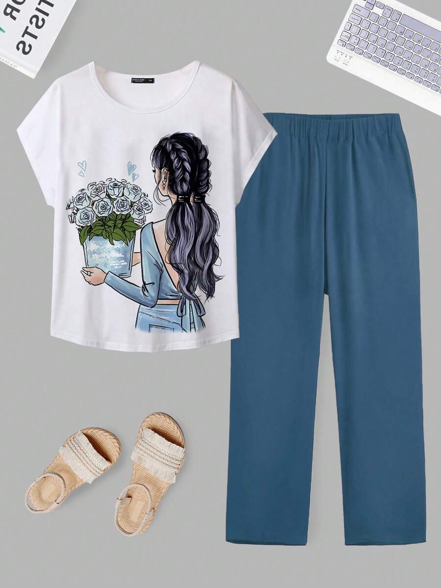 Mulvari Plus Summer Figure Graphic Batwing Sleeve Tee & Pants - Blue and White - View 1