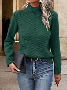 SHEIN LUNE Women'S Stand Collar Long Sleeve Sweater - Dark Green - View 6