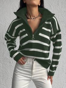 SHEIN Cottnline 女性條紋下襬立領套頭毛衣 - 卡其色 - 查看 4