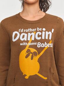ADVENTURE TIME X SHEIN Cartoon Printed Long Sleeve Distressed Sweater
