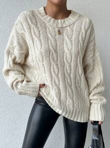 EURMUSE Cable Knit Drop Shoulder Sweater - White - View 1