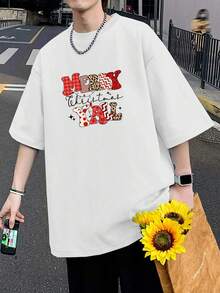 Men's Short Sleeve Drop Shoulder T-Shirt With Fun Slogan Print, Round Neck Top - White - View 1