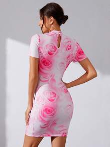 SHEIN Tall Của phụ nữ Thon gọn In hoa Đứng cổ áo Đầm - trắng - Xem 2