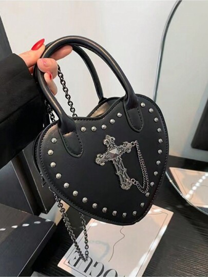 Goth Women's Heart-Shaped Black Studded Fashion Shoulder Bag