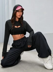 Easithlete Women's Ultra Short Drawstring Sporty Long Sleeve Sweatshirt Fall Sweatshirt - Black - View 3