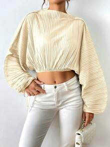 SHEIN Essnce 女性紋理束口蝙蝠袖襯衫 - 杏色 - 查看 5