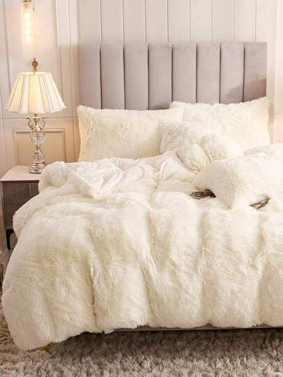 3-delige beige beddengoedset met pluche, shaggy, donzige imitatiebont dekbedovertrekset met kussenslopen (1 imitatiebont dekbedovertrek + 2 kussenslopen) Beddengoedset voor slaapkamer, logeerkamer, kingsize, queensize, tweepersoonsbed, twee eenpersoonsbedden, kristalfluwelen boho-beddengoed met 1 dekbedovertrek en 2 kussenslopen voor een chique huis