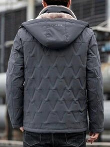 男式加大码保暖内衬拉链连帽绗缝外套（带内层） - 深灰色 - 查看 2