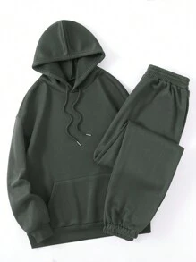 SHEIN EZwear 熊和字母圖案抽繩加絨內裏連帽衫和運動褲 - 深灰色 - 查看 2