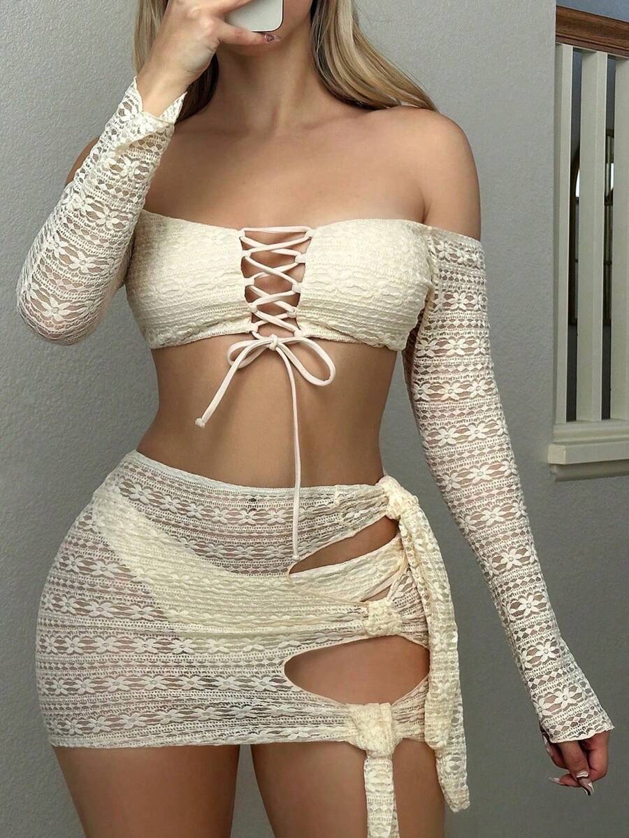 SHEIN X Lily May Mac Women's Front Tie Off-Shoulder Cutout Monokini Bikini Set With Cover Up Summer Beach - Apricot - View 1