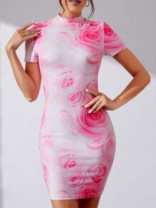 SHEIN Tall Của phụ nữ Thon gọn In hoa Đứng cổ áo Đầm - trắng - Xem 6