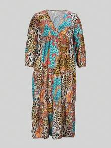 Vestido casual elegante de talla grande con estampado de leopardo y patchwork - Naranja - Ver 3
