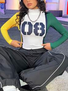 SHEIN EZwear Của phụ nữ Thon gọn Cổ cao Áo thun Với Khối màu Số In - trắng - Xem 4