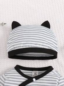 SHEIN 新生男婴可爱动物印花条纹长袖连体衣配背带裤套装 - 黑與白 - 查看 3