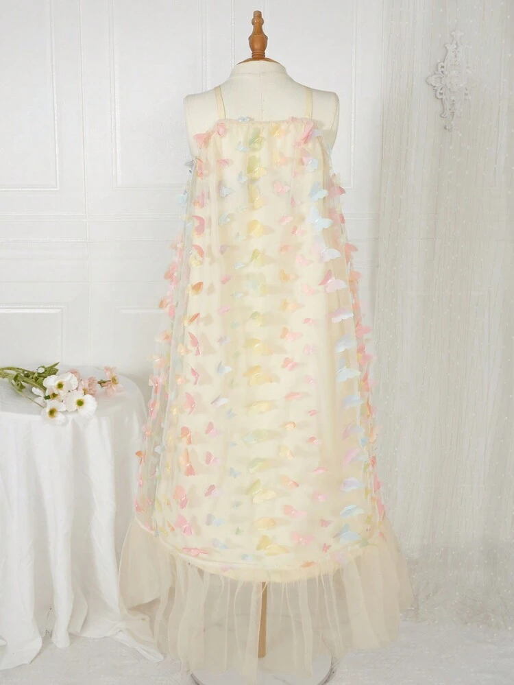Girls' Butterfly 3d Mesh Cami Dress For Summer, Elegant And Sweet Princess Style