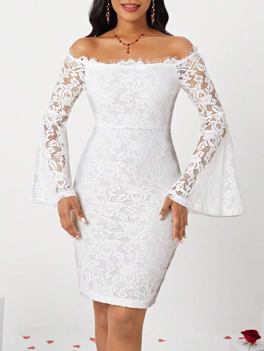 SHEIN Lady 情人節泡泡袖蕾絲連衣裙 - 白色 - 查看 1