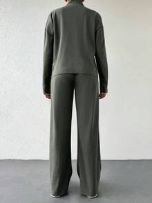 女士純色肋紋針織毛衣兩件套裝 - 軍綠色 - 查看 2