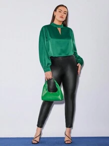 BizChic Women's Plus-size Solid Color Turn-down Collar Casual Shirt With Keyhole Neckline - Green - View 2