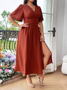 Franclia Plus Size Solid Color Cinching Waist Split Side Dress Maxi Women Outfit