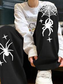 Manfinity EMRG Men's Casual Spider Web Printed Sweatpants With Slant Pockets And Drawstring Waist Street Wear Pants, Streetwear Loose Pants, For Rave - Black - View 2