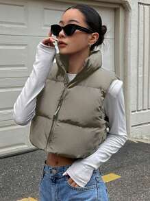 DAZY Stand Collar Zipper Front Short Vest Padded Coat - Army Green - View 1