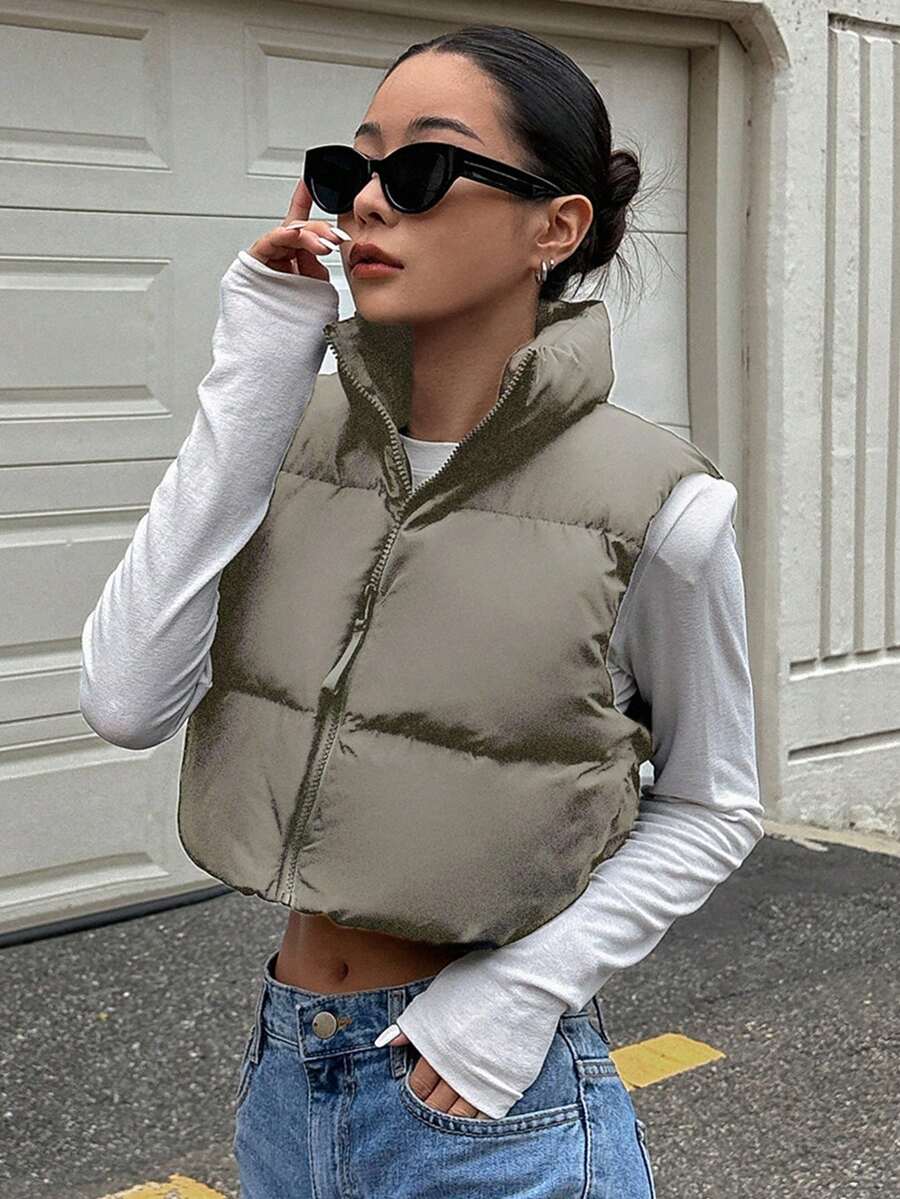 DAZY Stand Collar Zipper Front Short Vest Padded Coat - Army Green - View 1