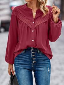 SHEIN Clasi Của phụ nữ Tay áo dài Tay áo lồng đèn Ren Vá lại Áo sơ mi - Màu Đỏ Sâu - Xem 4