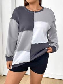 Flirla 拼色下落肩版型連帽衛衣 - 彩色 - 查看 3