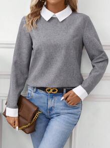 SHEIN LUNE 女士彩塊翻領長袖襯衫