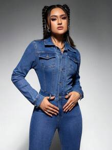 SHEIN EZwear Của phụ nữ Tay áo dài Denim Bùng nổ Áo liền quần - Rửa trung bình - Xem 5