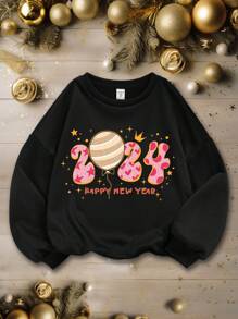 Tween Girls' Casual Slogan Print Long Sleeve Round Neck Fleece Sweatshirt, Suitable For Autumn And Winter - Black - View 1