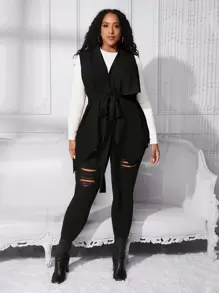 SHEIN CURVE+ 大尺碼女式束帶無袖外套 - 黑色 - 查看 4