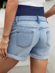 SHEIN Maternity Adjustable Waist Distressed Elastic Denim Shorts - Blue - View 2