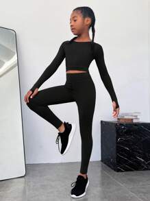 SHEIN Ropa Deportiva De Compresión De Color Sólido, Cómoda E Informal Para Niñas Preadolescentes - Negro - Ver 3