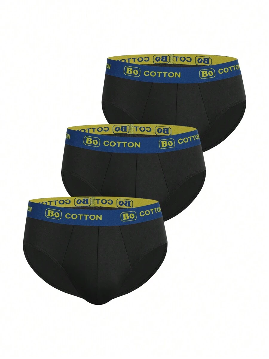Men's Black High Stretch Casual Briefs With Letter Tape Waistband - 3 Packs Underwear - Black - View 1