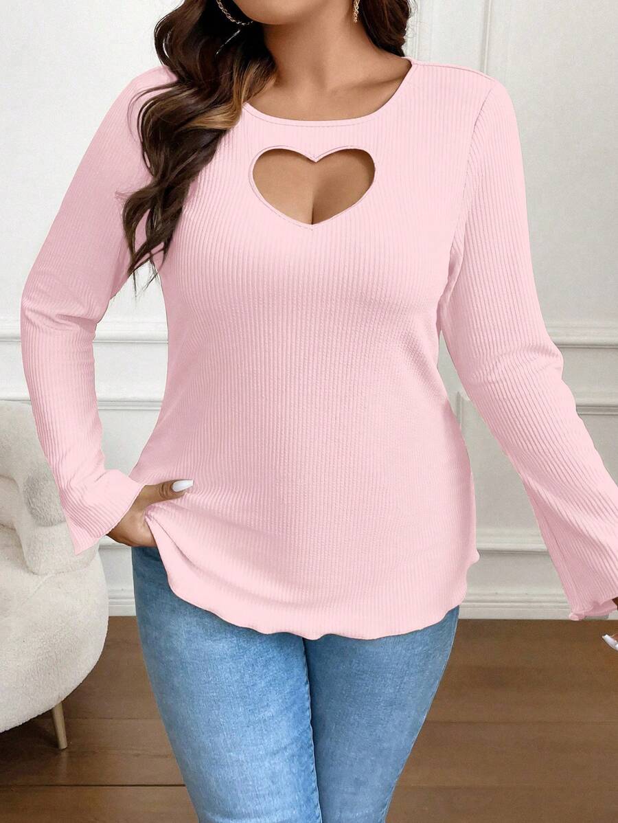 SHEIN Franclia 大尺碼心形剪裁細節緞縮針織t恤 - 粉色 - 查看 1