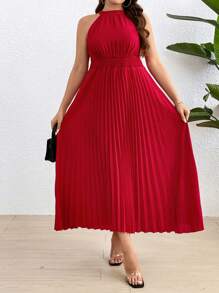 Flirla Plus Size damska sukienka typu halter z falbaniastym dołem na ubrania noworoczne Maxi strój damski - Czerwony - Zobacz 4