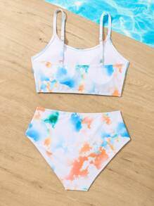 Conjunto de bikini con estampado de teñido anudado aleatorio para niñas preadolescentes, playa de verano - Multicolor - Ver 2