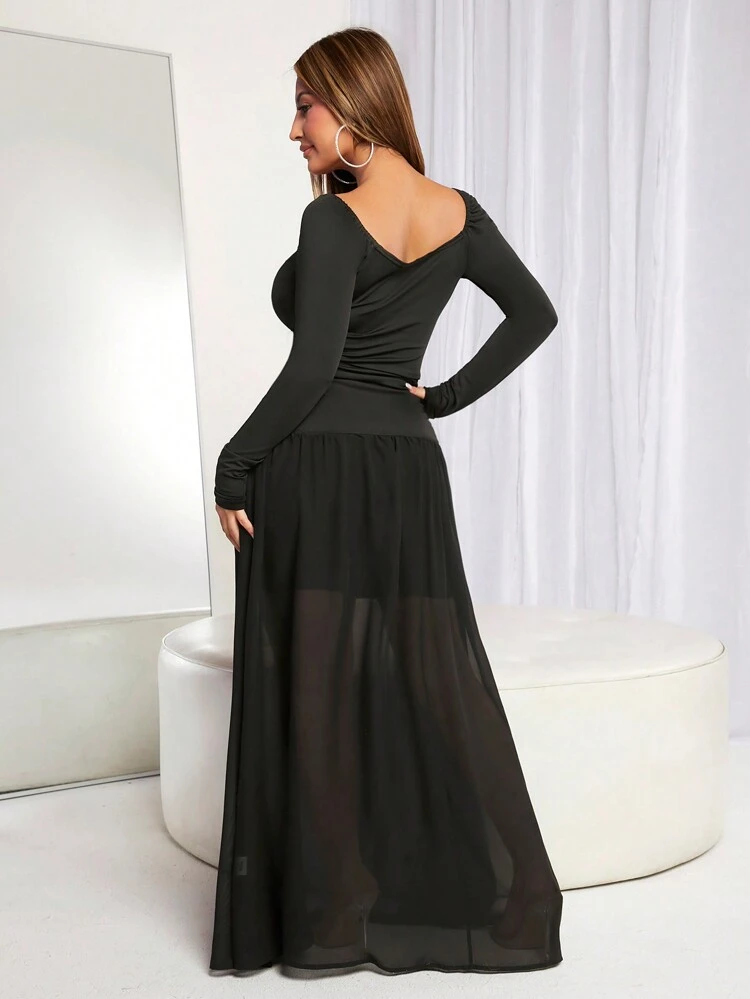 Women'S Long Black Chiffon Dress With Patchwork Design And Flared Hem