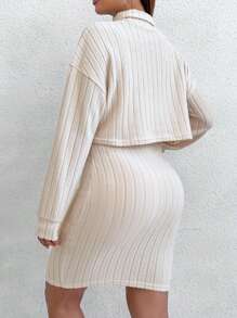 Flirla High Neck Drop Shoulder Sleeve T-Shirt And Slip Dress 2pcs Set - Apricot - View 2