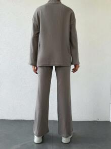 EURMUSE Long Sleeve Asymmetrical Hem Top And Pants Set - Brown - View 2