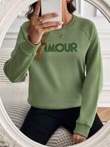 SHEIN Frenchy Letter Print Raglan Sleeves Long Sleeve Sweatshirt In Fall/Winter Green Casual Christmas Spring