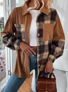 SHEIN Essnce Của phụ nữ Kẻ sọc Vá lại Thả vai Tay áo dài Áo khoác - Màu Khaki - Xem 6