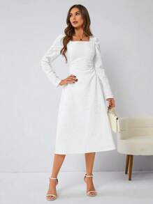 GENKIRA Của phụ nữ Cổ vuông Ống tay áo Dệt hoa Đầm - trắng - Xem 3