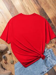 SHEIN LUNE Women's New Year Slogan Wine Glass Printed Loose Fit Short Sleeve T-Shirt With Round Neck - Red - View 3