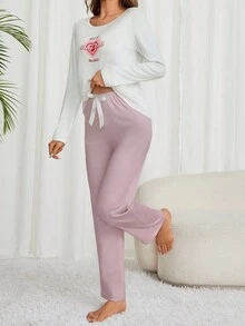 Lá thư & Tim In Áo thun Và Bowknot Chi tiết Dài Quần Bộ mặc nhà - Nhiều màu - Xem 4