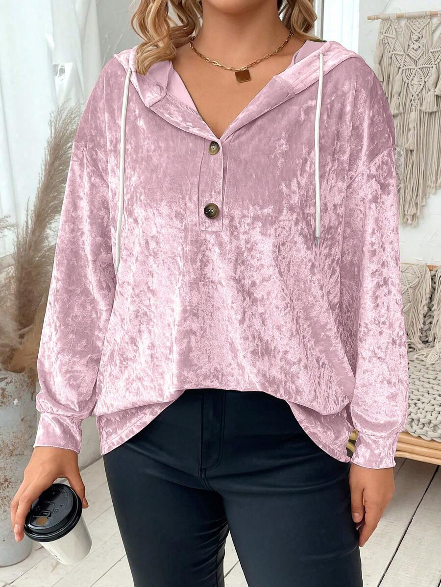 SHEIN Franclia 加大码纽扣半开襟天鹅绒卫衣 - 粉色 - 查看 1