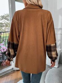 SHEIN Essnce Của phụ nữ Kẻ sọc Vá lại Thả vai Tay áo dài Áo khoác - Màu Khaki - Xem 2